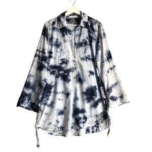 Subtle Luxury Cotton Tie Dye Embroidered Tunic Top Blue White Womens SM